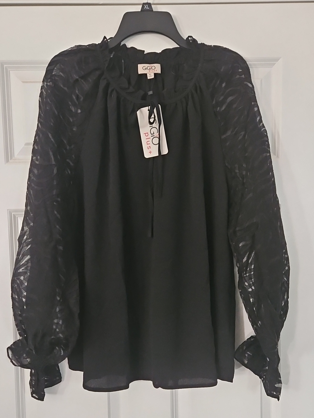 G.GIO Plus Black Sheer Sleeve Blouse